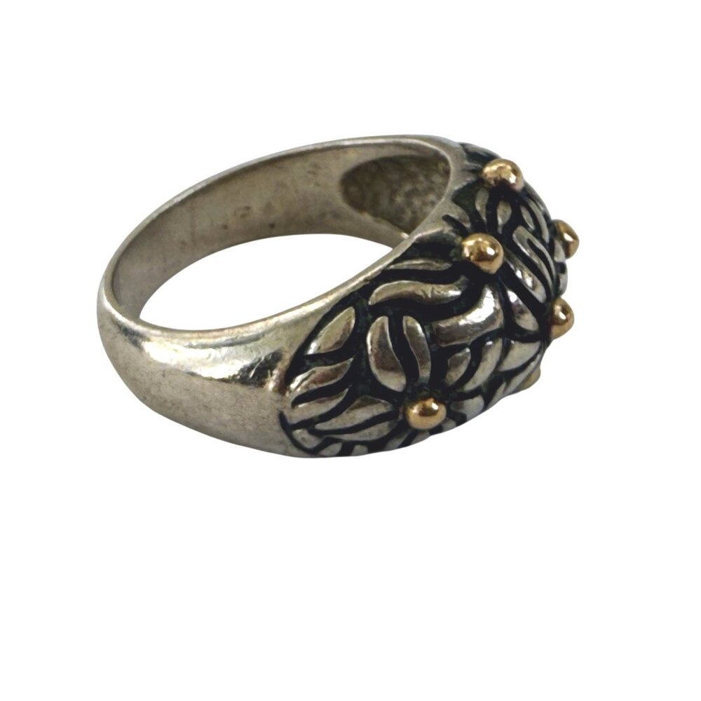 Vintage 90's 925 silver Floral Dome Ring Gold Vermeil Dots 6.4g Size 6 3/4 - Picture 3 of 12